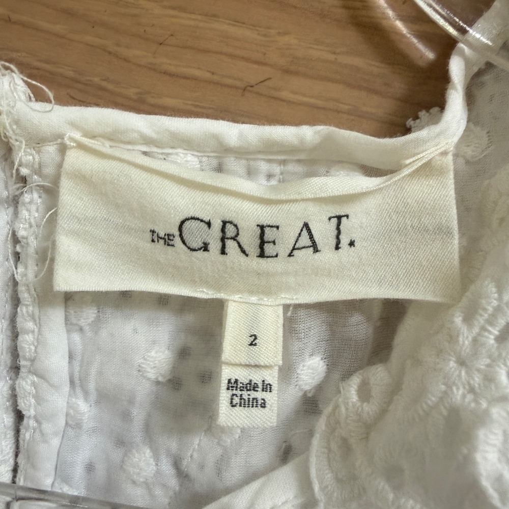 THE GREAT. Swiss Dot Blouse Womens Size 2 White Crochet Lace Ruffle Puff Sleeve - Picture 6 of 15